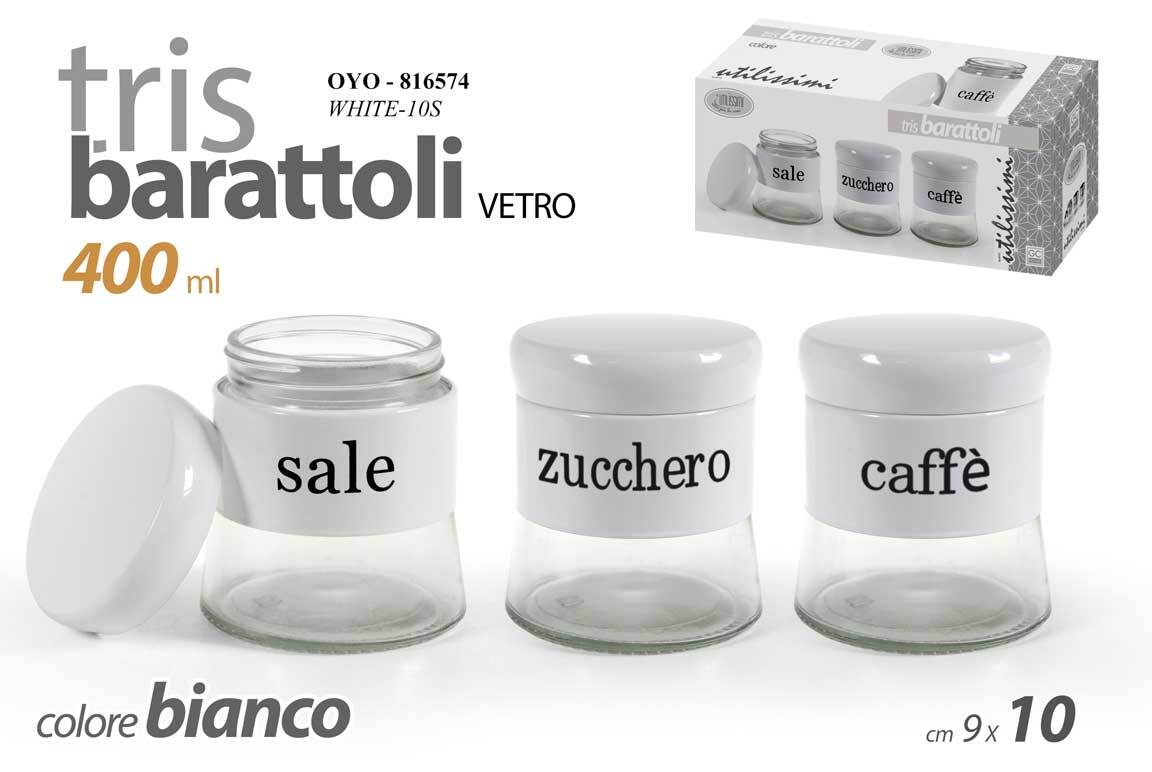 TRIS BARATTOLI BIANCO IN VETRO 9*10 CM 400 ML SALE-ZUCCHERO-CAFFE' OYO-816574