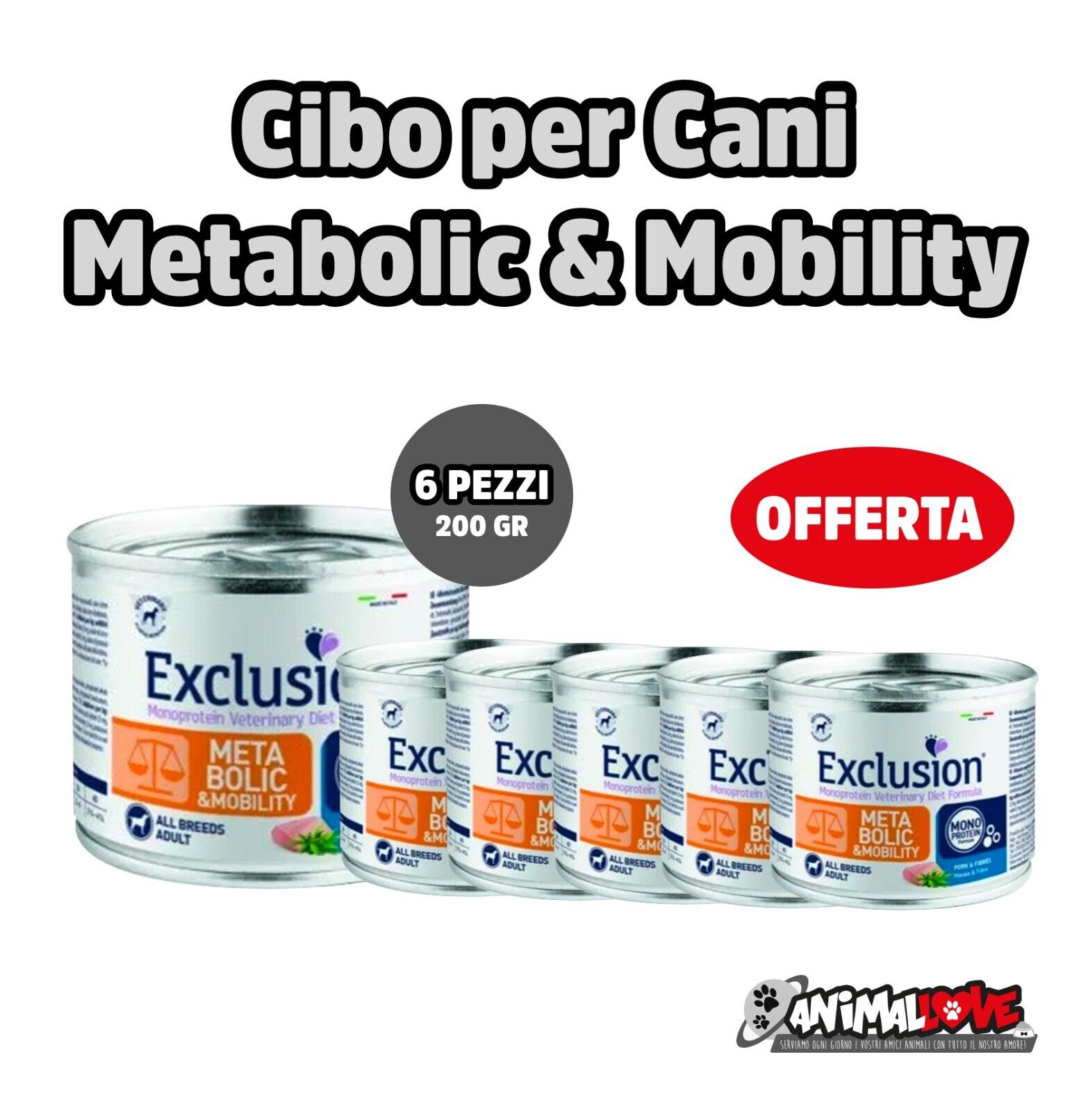 EXCLUSION Cibo per Cani METABOLIC-MOBILITY Maiale e Fibre ALL BREEDS 200GR - 6PZ