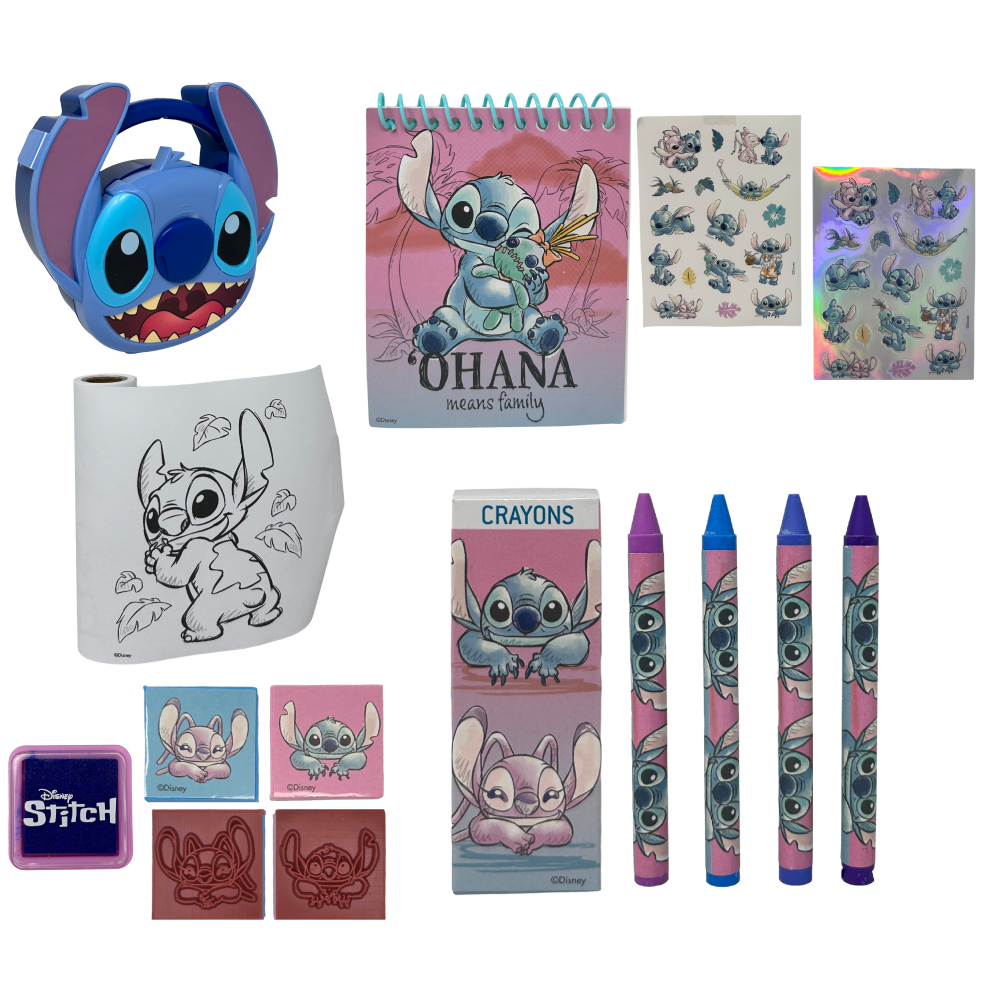 SET CANCELLERIA STITCH E ANGEL DISNEY 12 PEZZI DISEGNI COLORI STICKERS TIMBRI