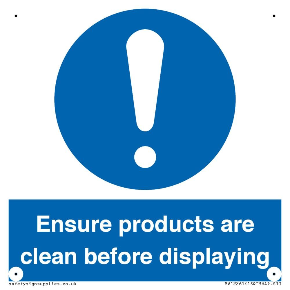 Cartello con scritta "ensure products are clean before displaying" (lingua itali