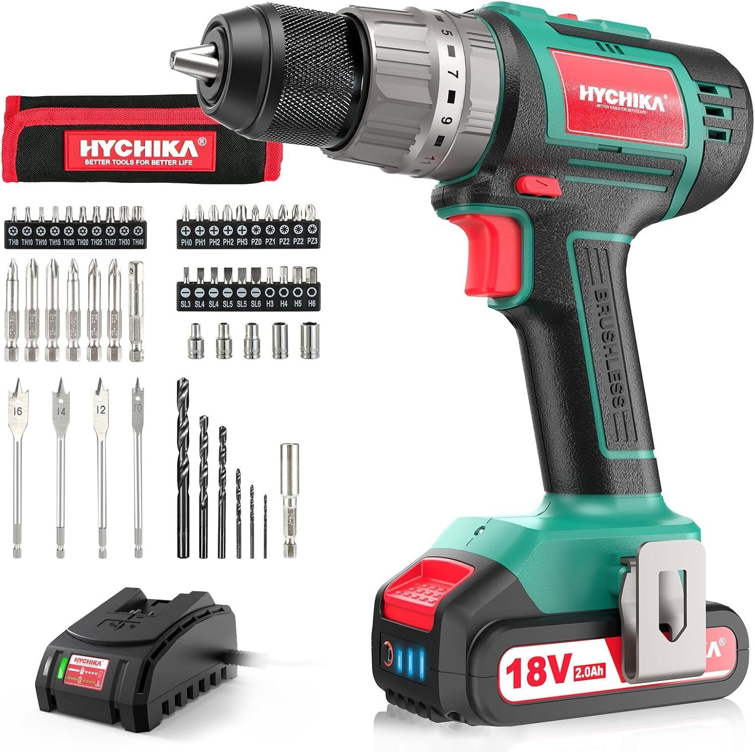 Trapano Avvitatore Batteria 18V, HYCHIKA Brushless 60Nm a...