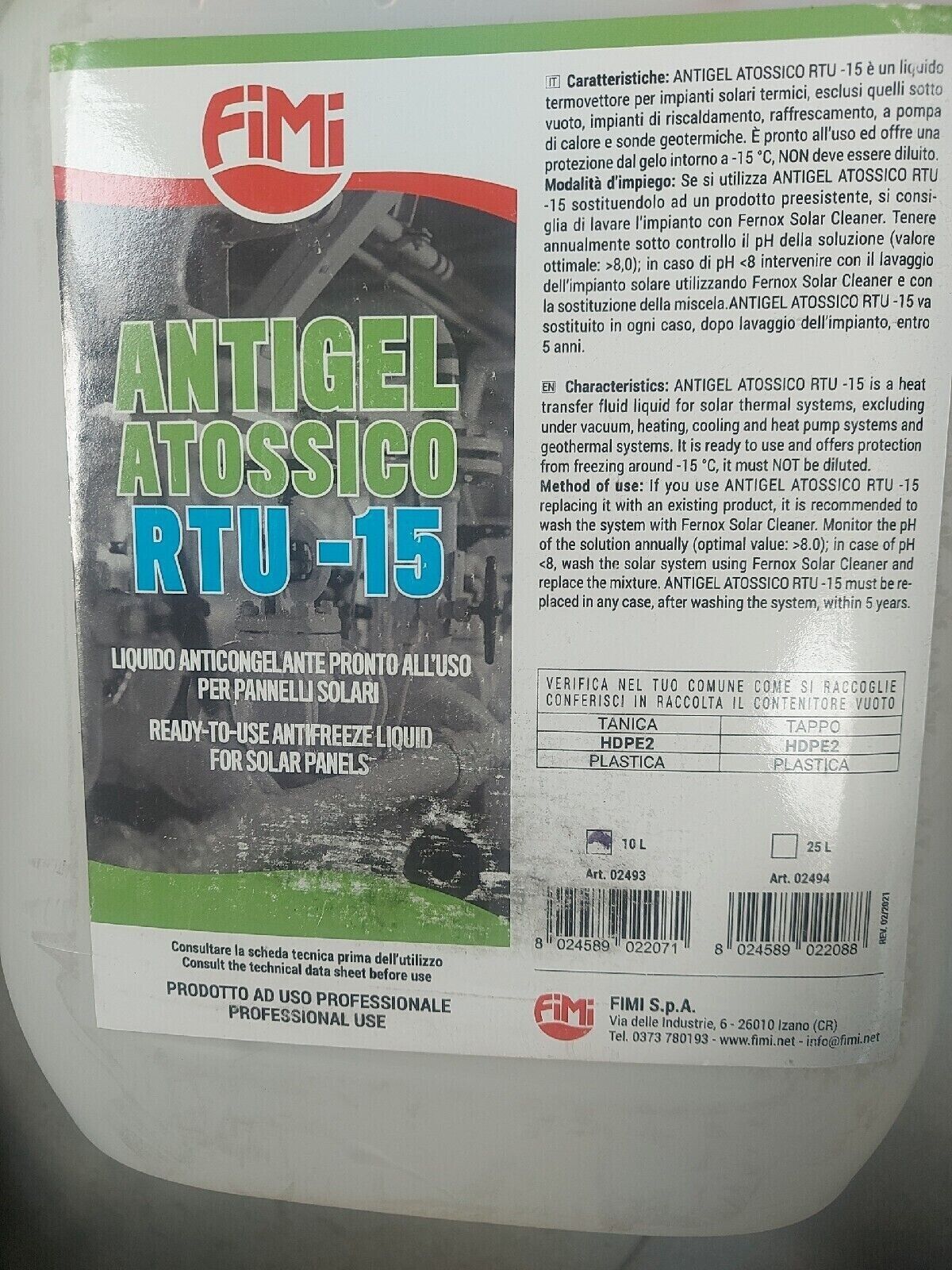 LIQUIDO ANTIGELO ATOSSICO RTU -15 PER PANNELLI SOLARI LT.10