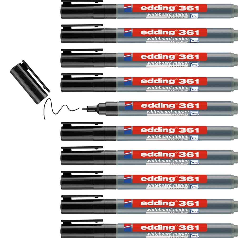 edding 361 whiteboard marker - black - 10 whiteboard pens - round tip 1 mm - whi