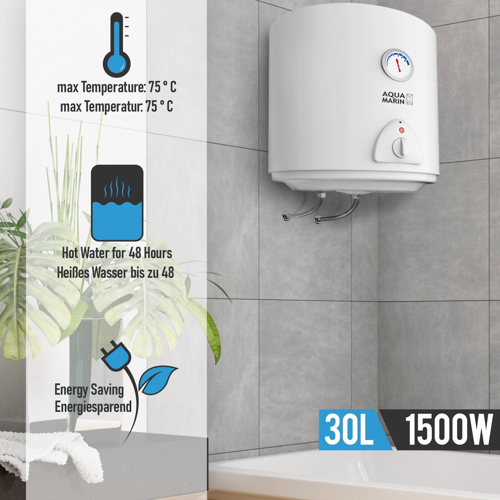 Scaldabagno Elettrico - Capacità 30 litri, Potenza 1500 W