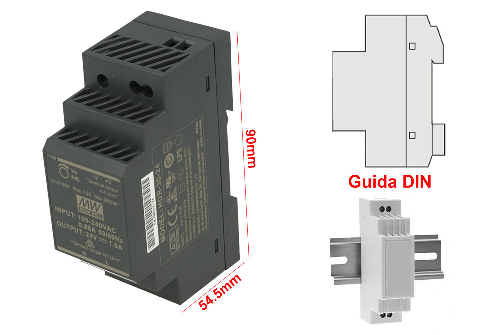 MeanWell HDR-30-24 Trasformatore Rotaia Industriale 24V 36W 1,5A Barra Guida
