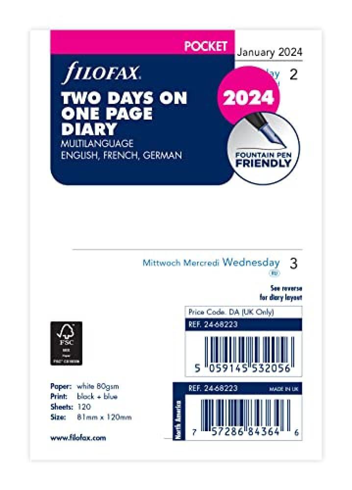 Filofax Agenda tascabile 2024 in lingua inglese/francese/tedesca due giorni per