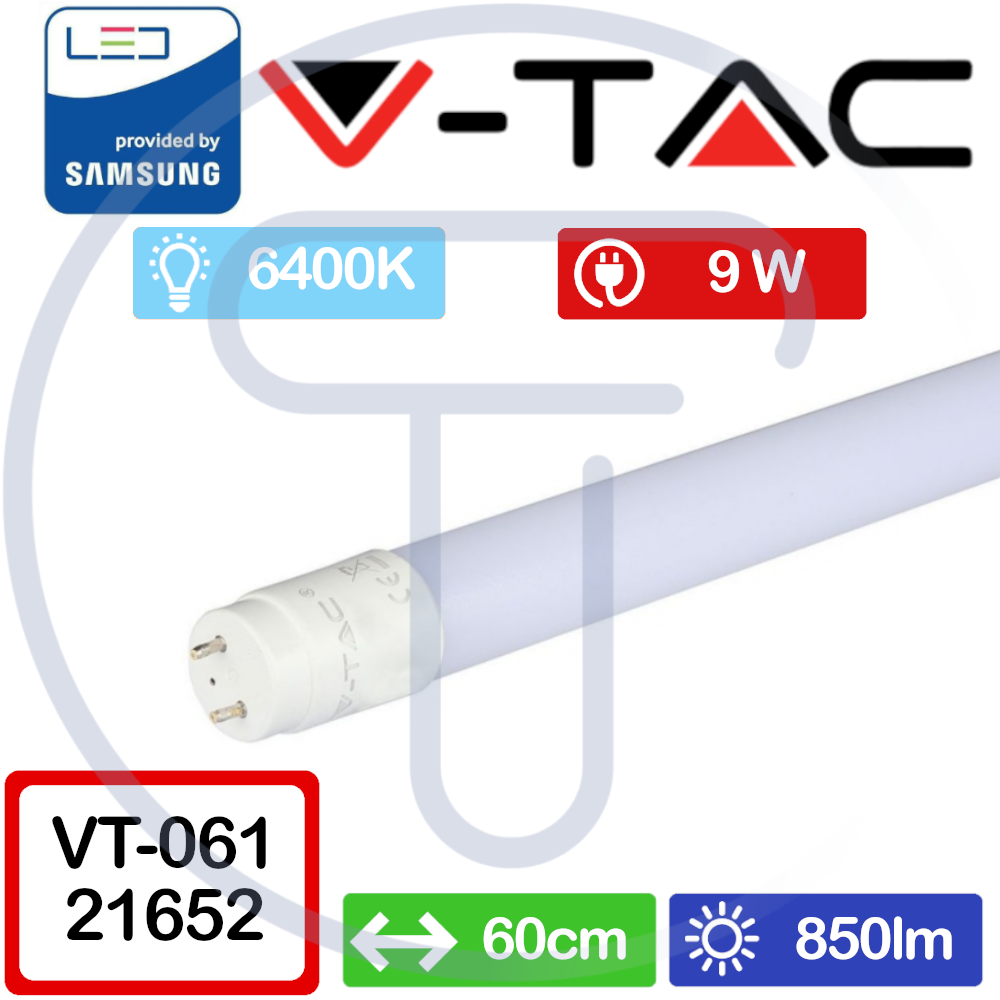 V-TAC PRO VT-061 21652 Tubo LED Samsung T8 10W G13 60cm Luce Fredda 6400K Neon