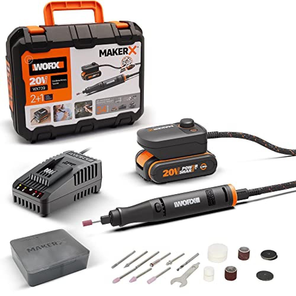 WORX 18V(20V MAX) MakerX Utensile rotante, PowerShare, Set di Accessori da 30 Pe