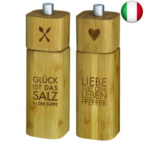 Salzmühle GLÜCK und Pfeffermühle LIEBE Bambus Design
