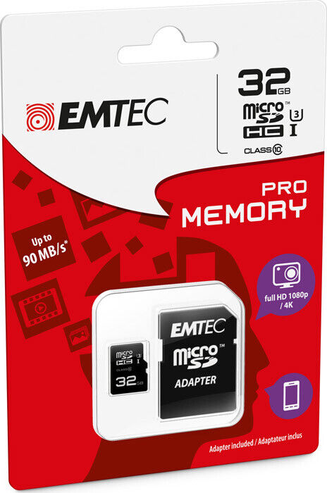 MicroSD HC 1 Memory Card Class 10 + SD Adapter 32GB Pro (3D / 4K) EMTEC