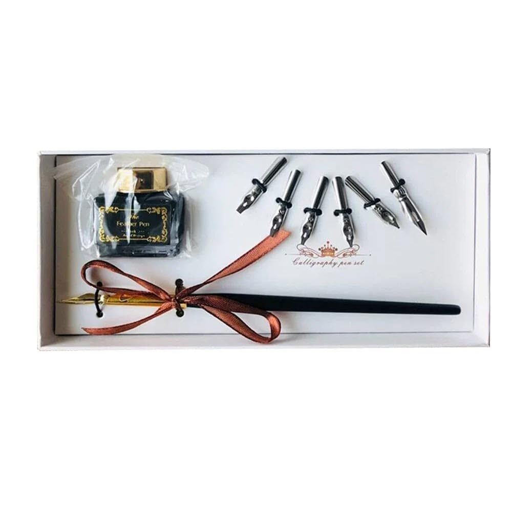 Art Sensations Calligraphy pen set with 7 different nibs and black ink in an ele