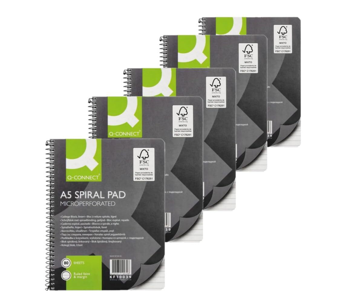Q-Connect Executive A5 Plus 80 Leaf Ruled Feint and Margin Spiral Pad (pack of 5