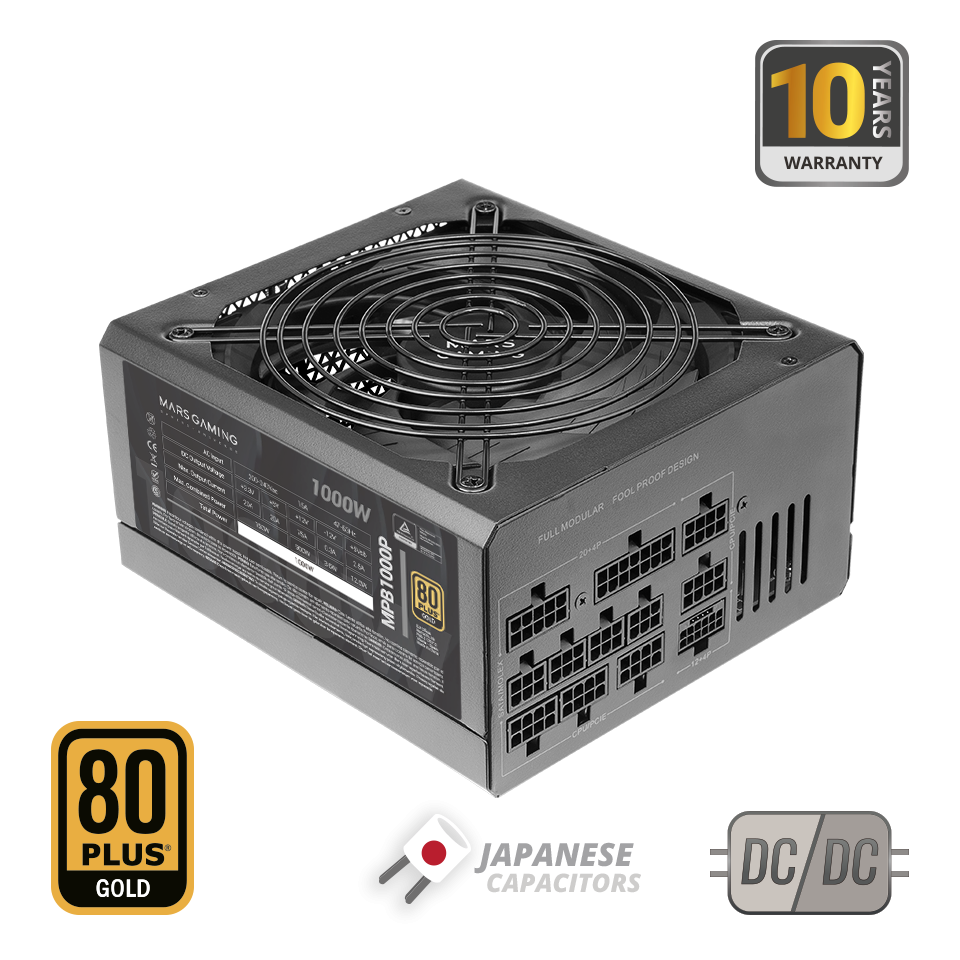 MarsGaming MPB1000P, Alimentatore Modulare ATX 3.0 1000W, 80Plus Gold, 140mm AI-
