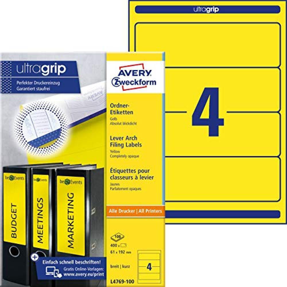 (TG. 400 Stück, 192 x 61 mm) Avery Border Binder Labels, Yellow 192 x 61mm (100