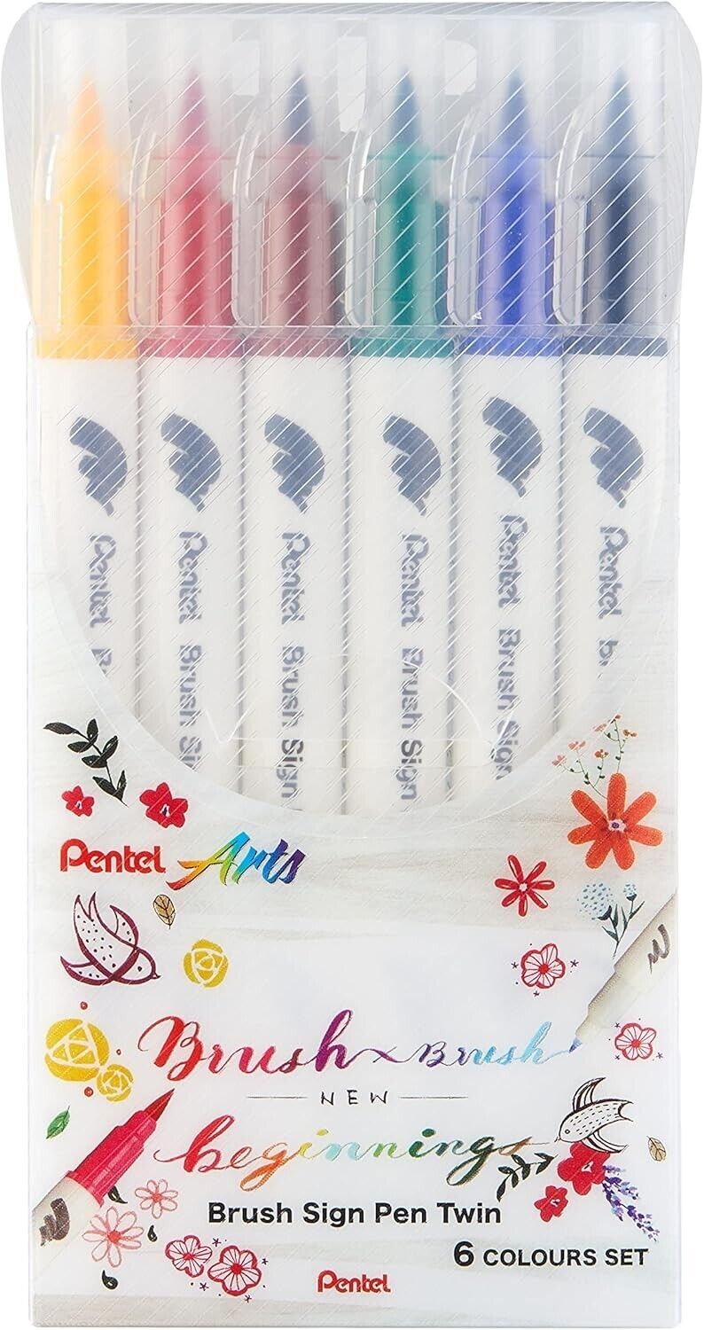 Pennarelli Brush Pentel Sign Pen Twin Set 6 Pennarelli Brush Doppia Punta