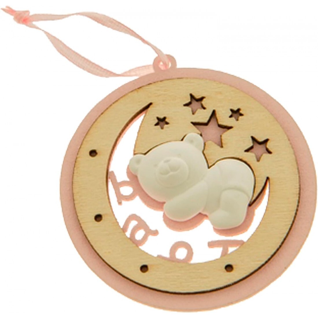 12 PZ CIONDOLO IN LEGNO BABY LUNA ROSA ORSO IN GESSO DM.6,5 BOMBONIERA NASCITA B