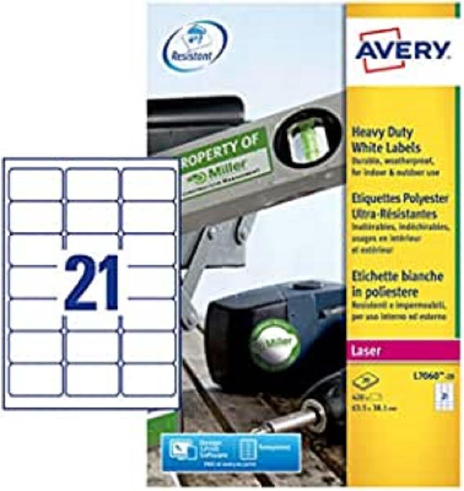 Avery L7060-20 (63.5 x 38.1mm) Extra-Strong Adhesive Heavy Duty Weatherproof Lab