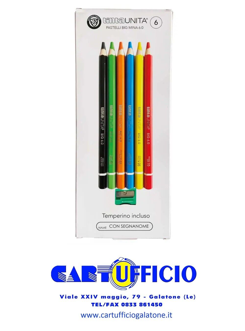 Pastelli in Legno Tinta Unita BIG Mina 6.0 con Temperino Incluso 6 Colori
