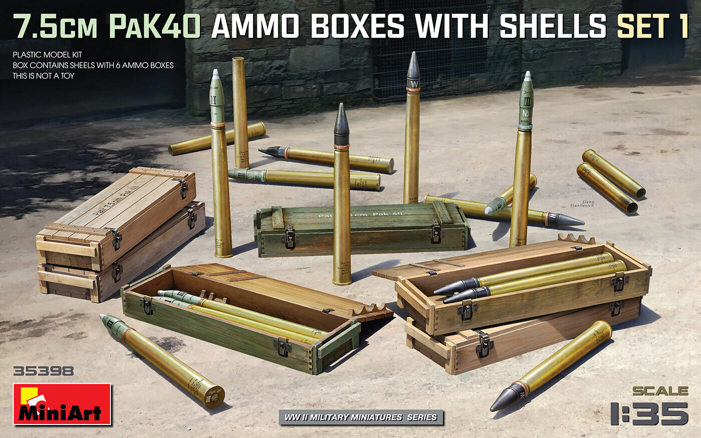 7.5cm Pak40 Ammo Boxes With Shells Set 1 1:35 Plastic Model Kit MINIART
