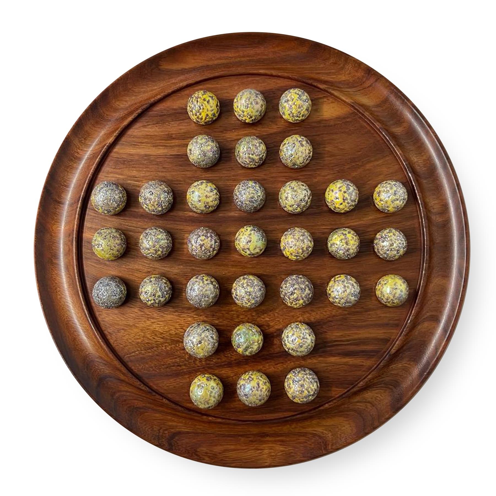 30cm diameter wooden solitaire board game with golden spinosaurus glass marbles
