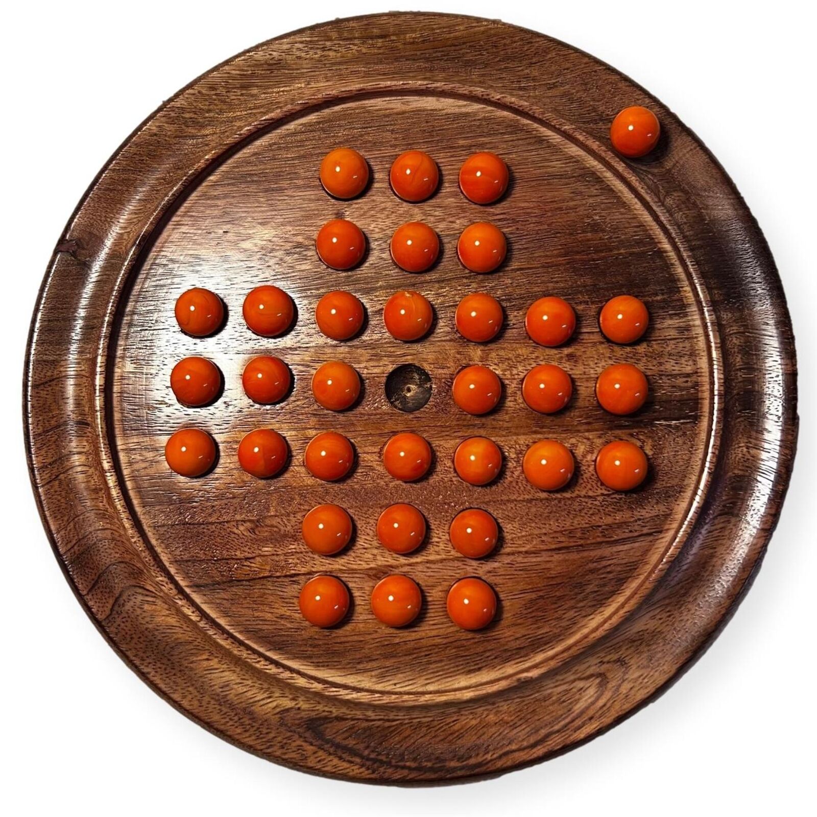 22cm Diameter wooden SOLITAIRE BOARD GAME with OPAL ORANGE GLASS MARBLES