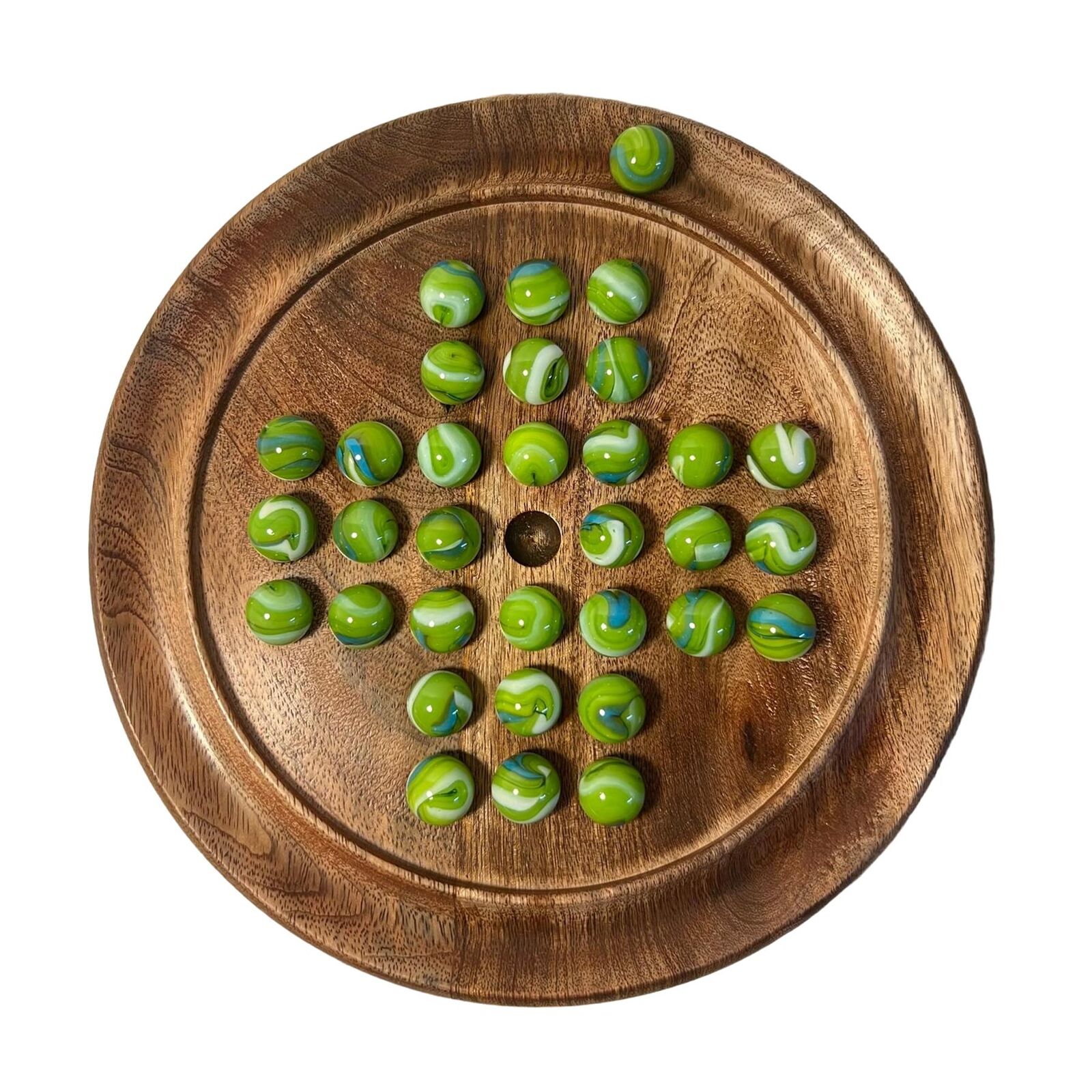 22cm Diameter wooden SOLITAIRE BOARD GAME with LEPRECHAUN GLASS MARBLES