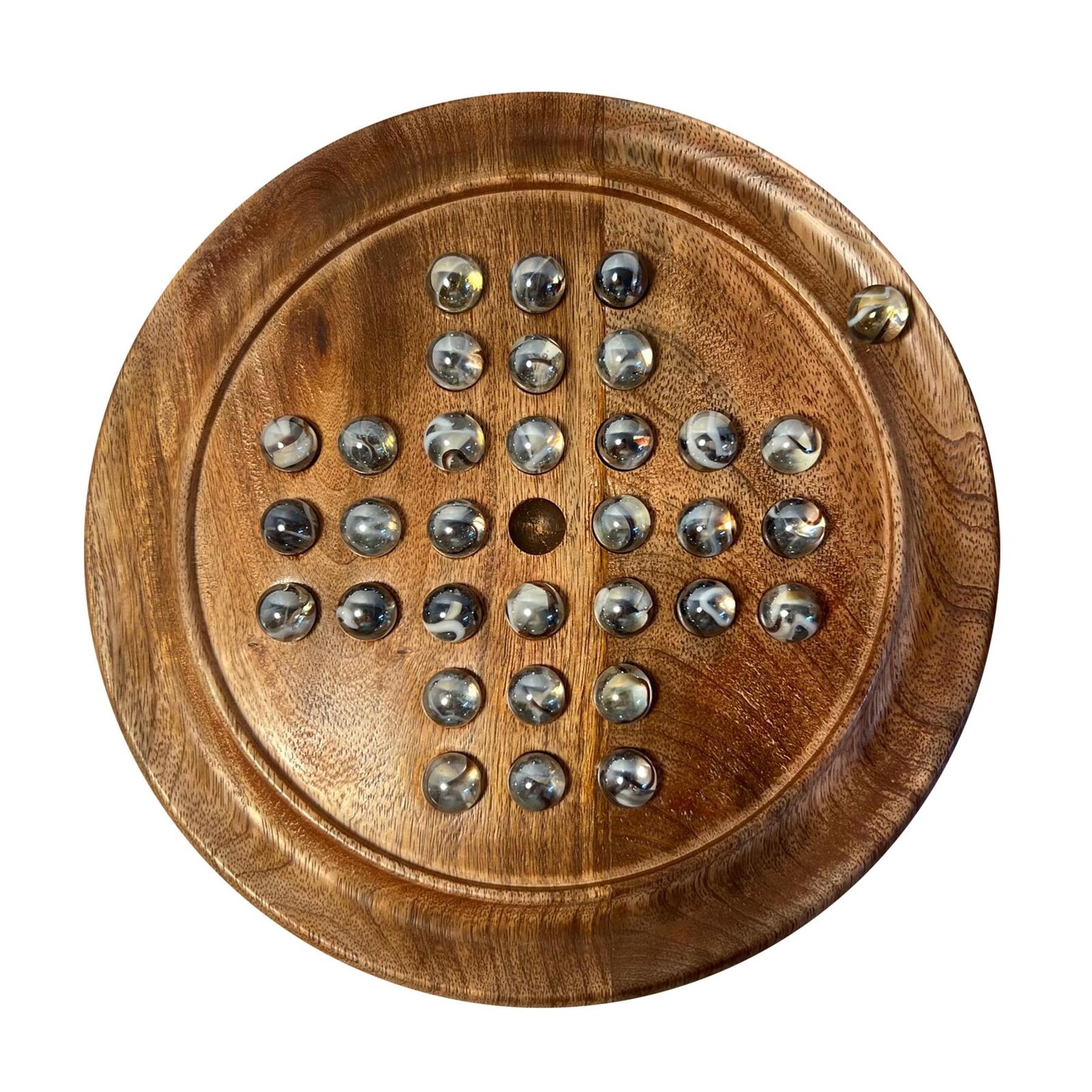 22cm Diameter wooden SOLITAIRE BOARD GAME with CLEAR POLAR GLASS MARBLES