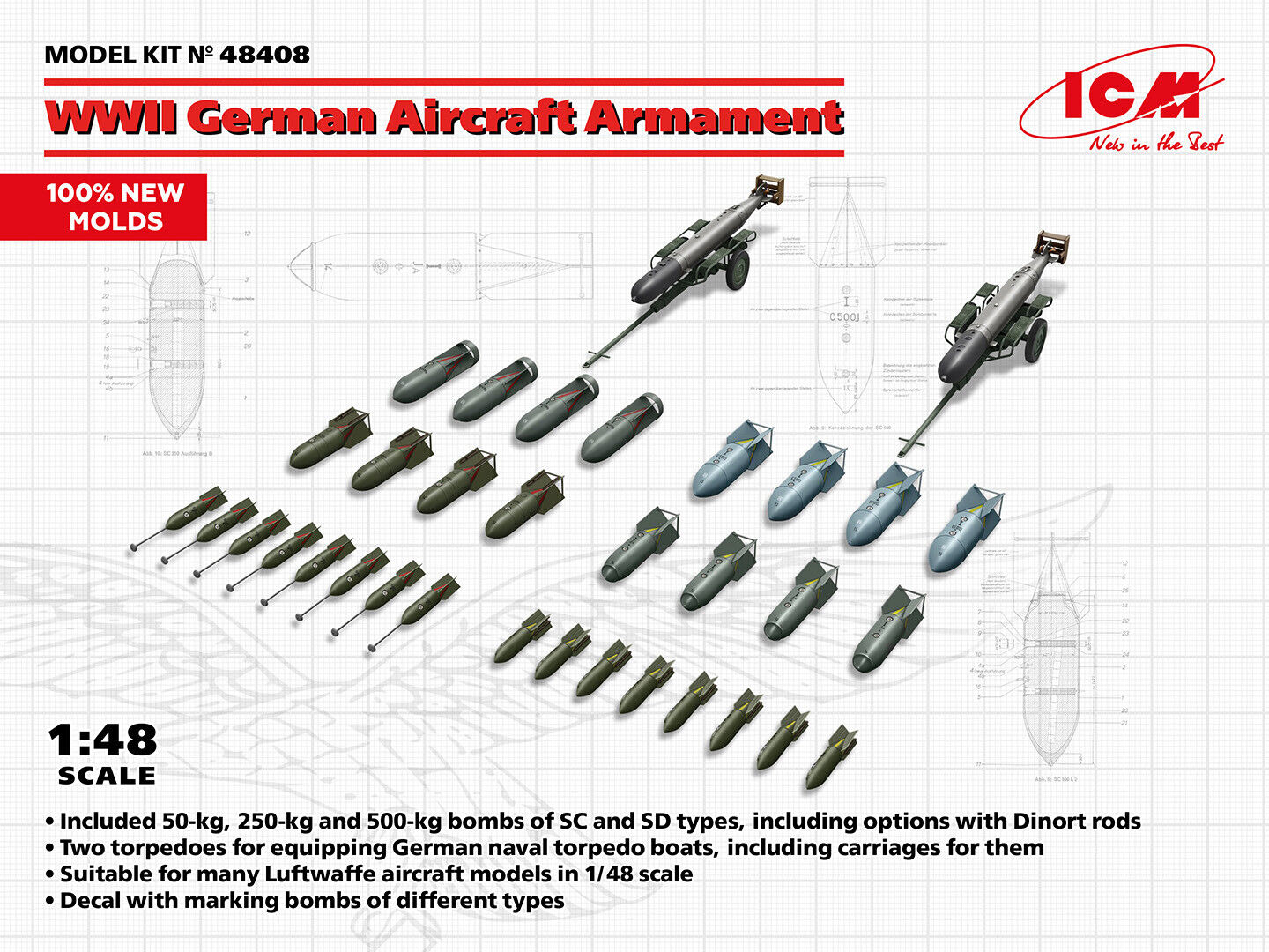 WWII German Aircraft Armament (100% New Molds) 1:48 Plastic Model Kit ICM