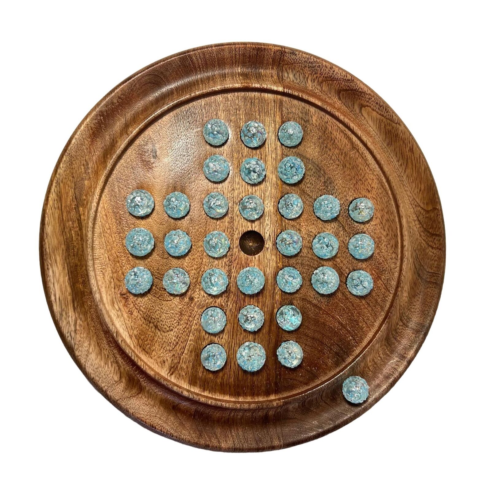 22cm Diameter wooden SOLITAIRE BOARD GAME with SNOWFLAKE GLASS MARBLES