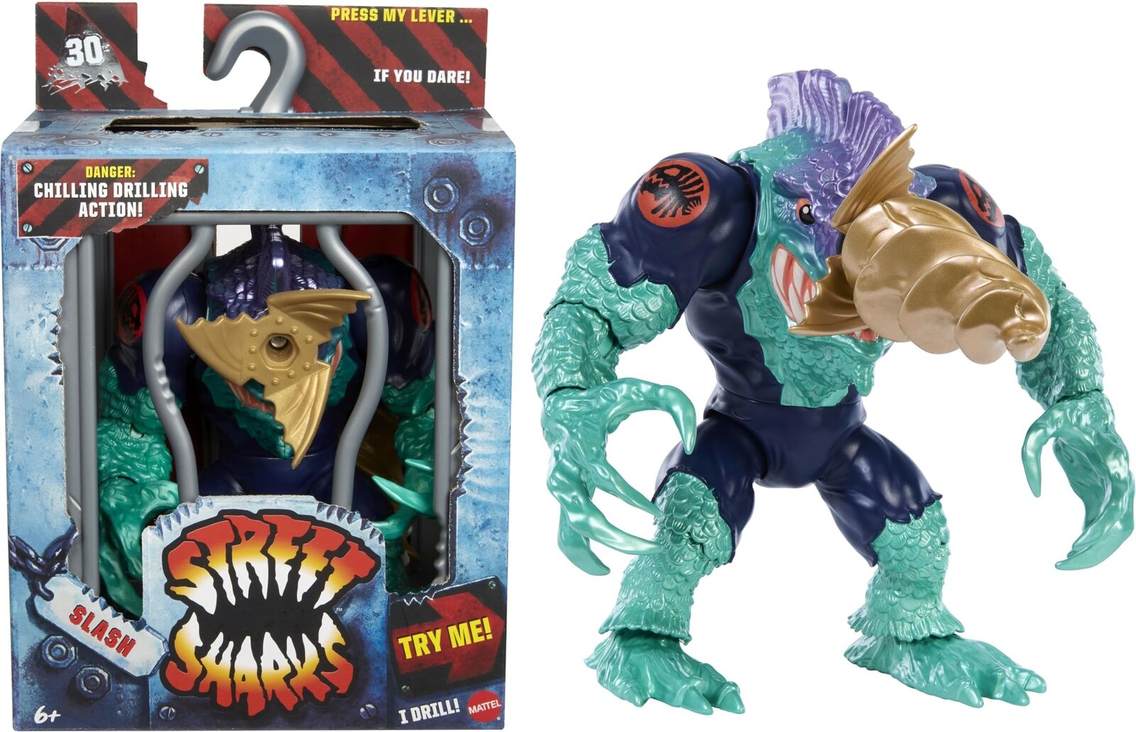 Mattel Street Sharks Slash Action Figure Toy, 90s TV Half-Man Villain, 6-Inch Ar