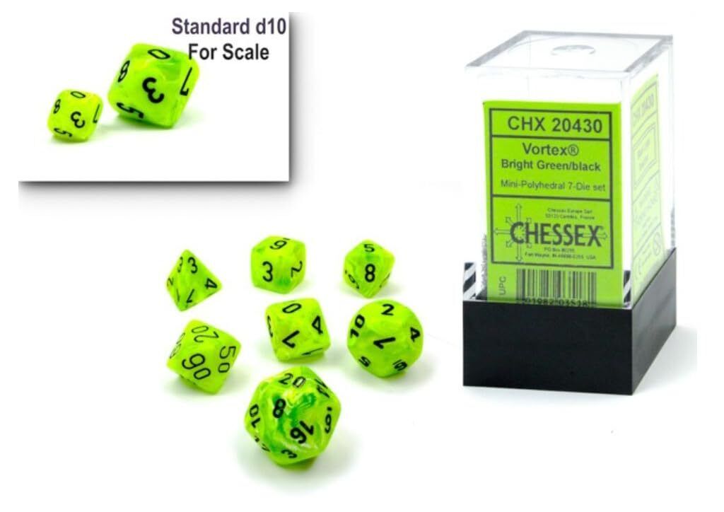 Dice Set - 10mm Vortex Bright Green/Black Plastic Polyhedral Dice Set - Dungeons
