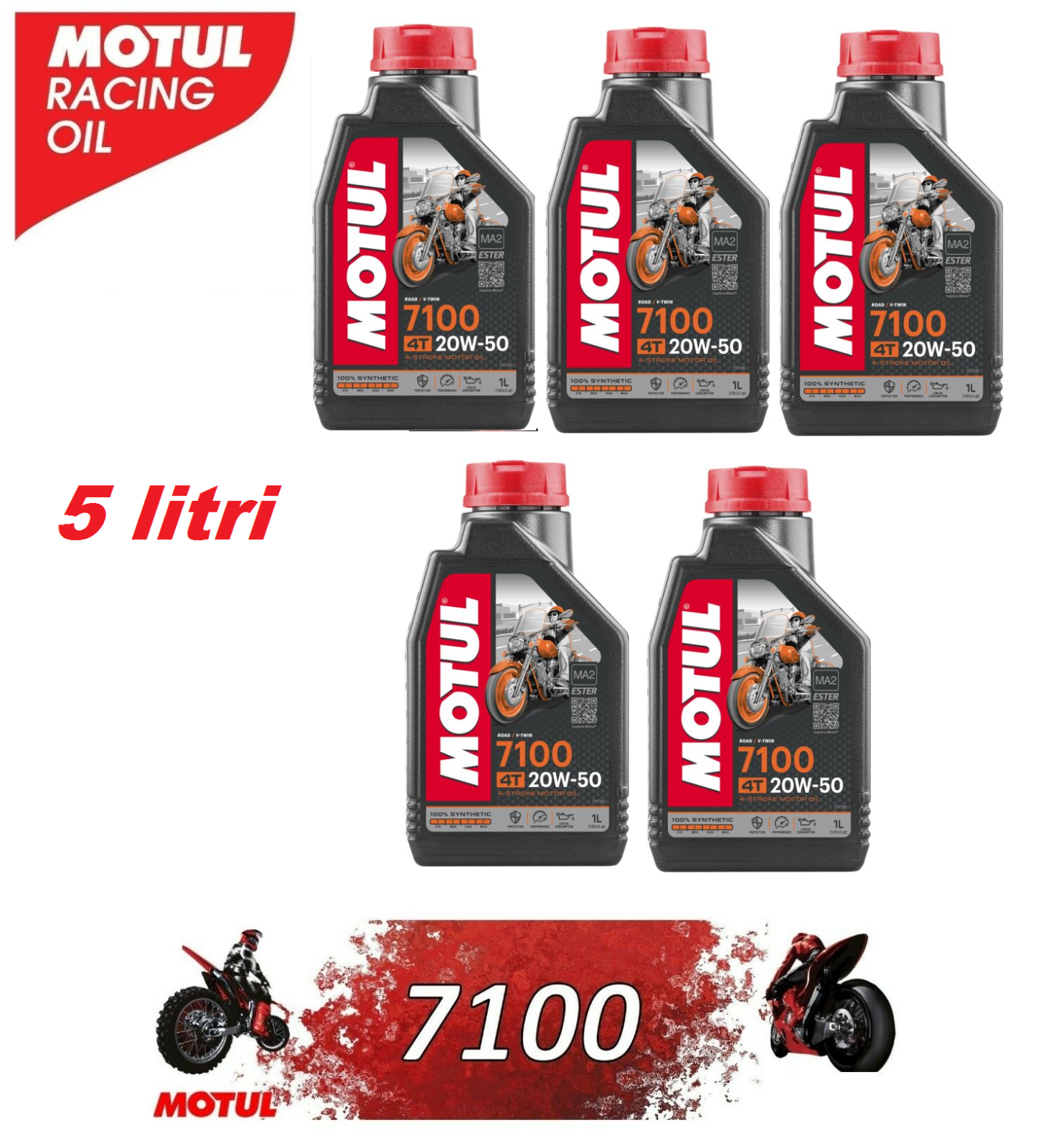 Olio Motore Moto Motul 7100 4T 20W50 100% Sintetico ESTER JASO MA2 - 5 litrI ltq