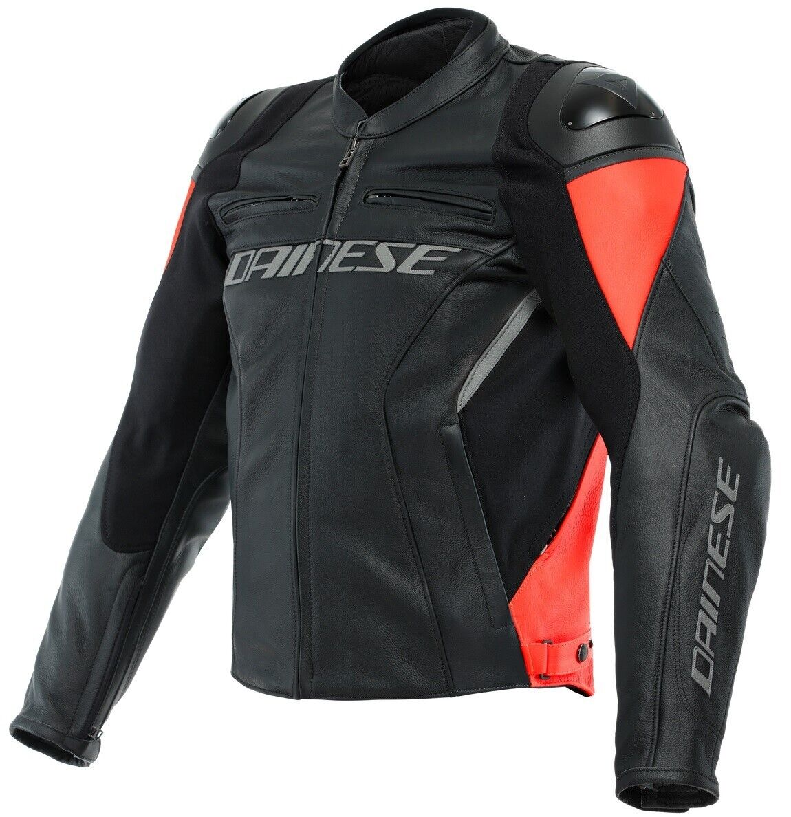 GIACCA MOTO PELLE DAINESE RACING 4 LEATHER NERO ROSSO FLUO TG 48