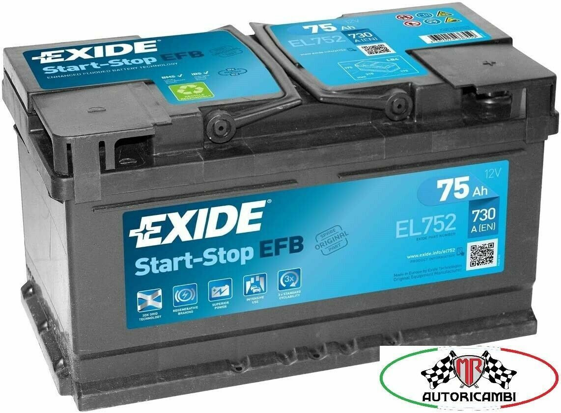 BATTERIA PER AUTO EXIDE EFB 75AH 730A SCARICA LENTA NAUTICA CAMPER EL752