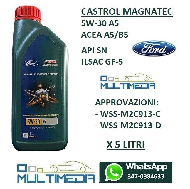 5 LITRI OLIO MOTORE CASTROL MAGNATEC 5W30 ACEA A5 B5 API SN WSS-M2C913-C ILSAC