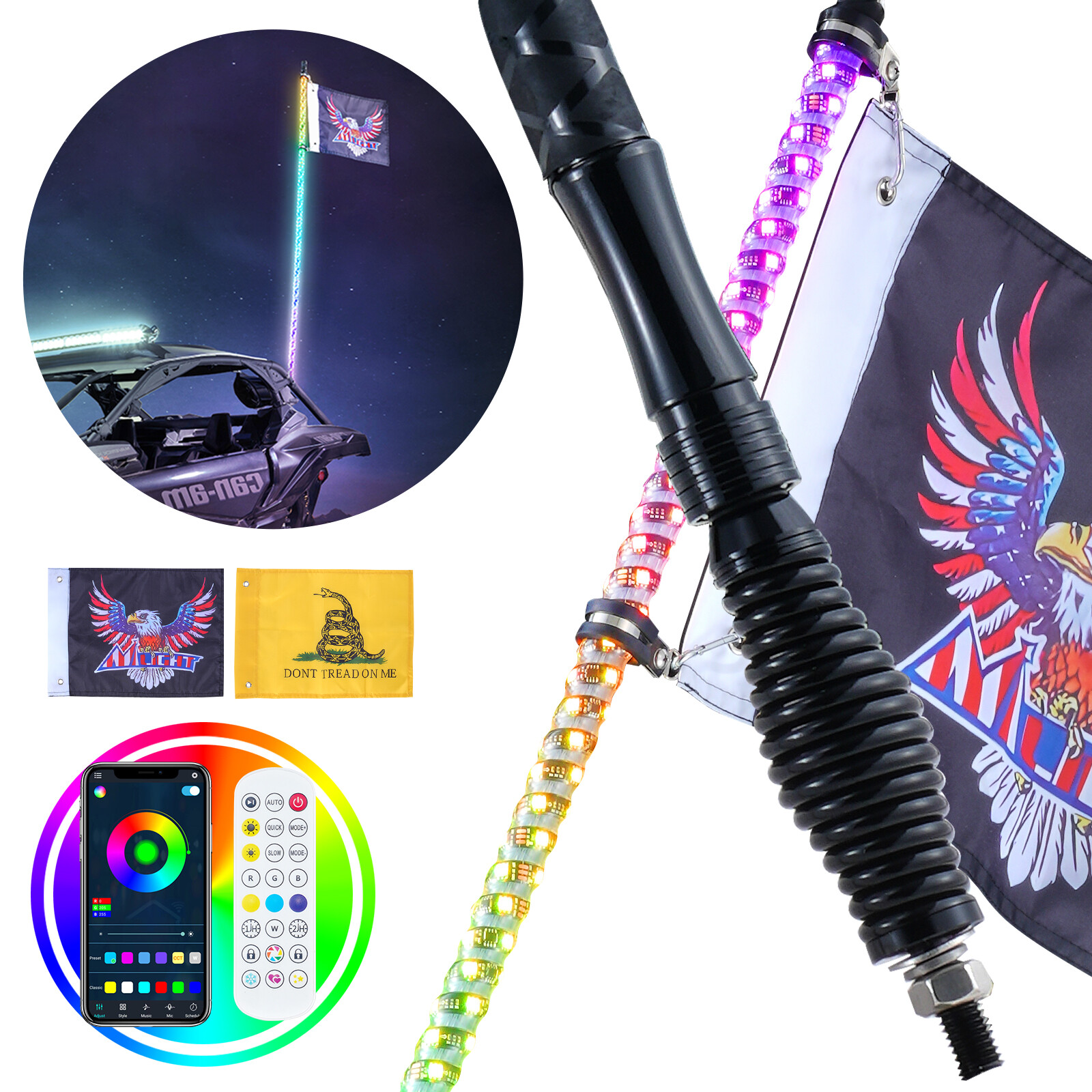 VEVOR LED Whip Light Spring Base 1PC 3FT RGB Spiral Antenna Light App remota