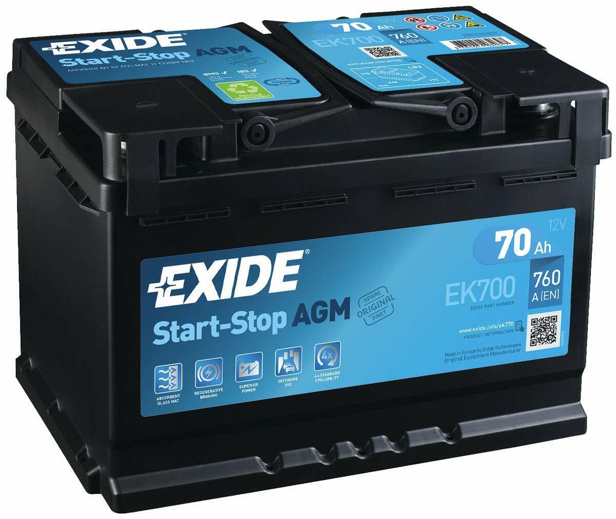 BATTERIA PER AUTO EXIDE AGM 70 AH 760 EN 12 VOLT START & STOP EK700 = VR760