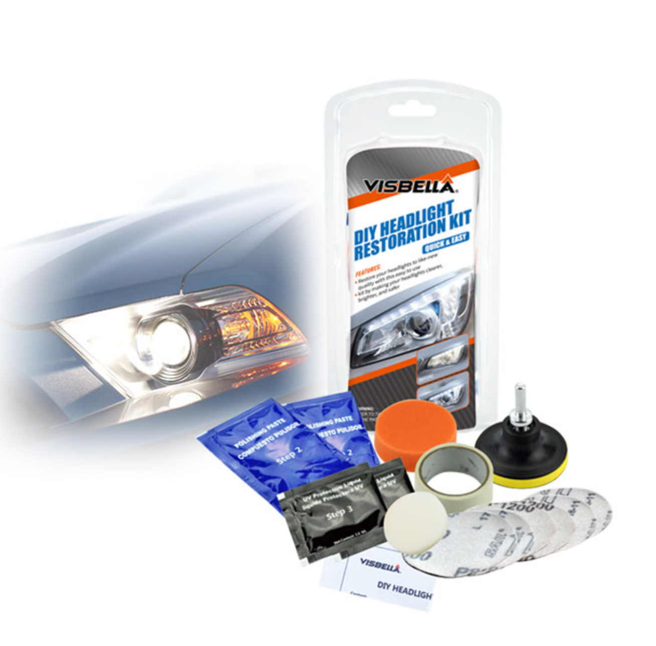 KIT PULIZIA LUCIDA RISTORA FARI FANALI AUTO SCOOTER MOTO MACCHINA VISBELLA 10PZ