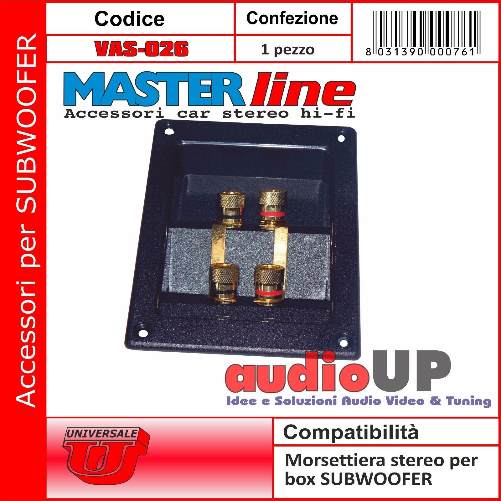 MORSETTIERA STEREO PER BOX SUBWOOFER - CONTATTI A VITE DORATI - RETTANGOLARE