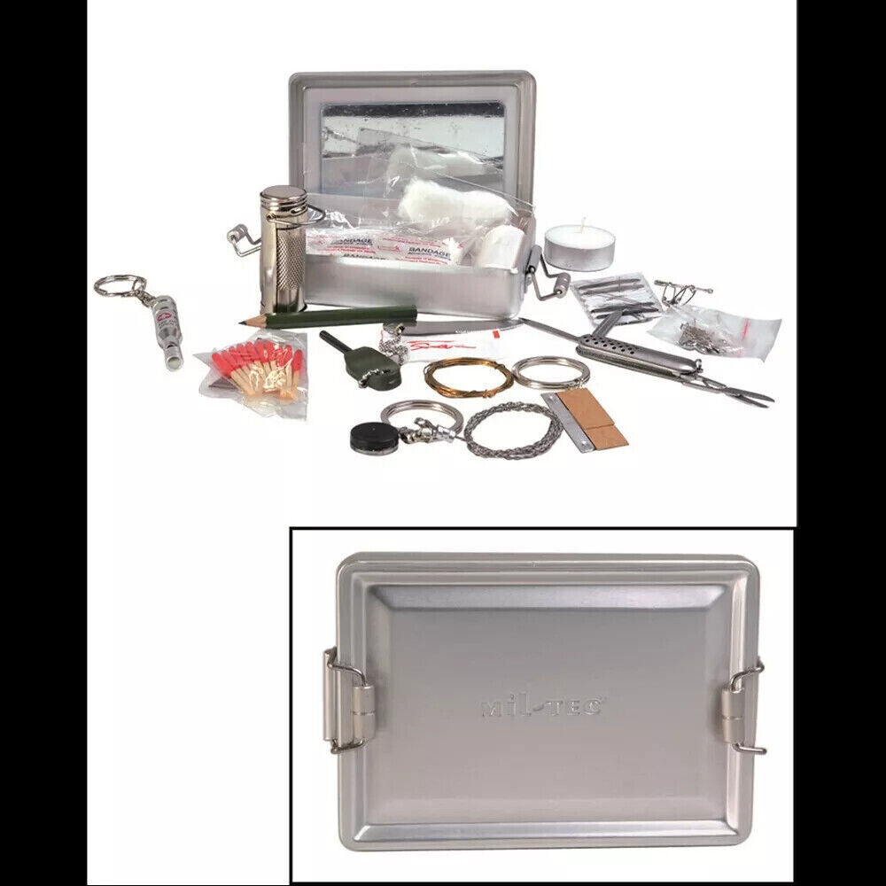 Mil-Tec Survival Kit Aluminium Box Emergenza Equipment Campeggio Bushcraft Set