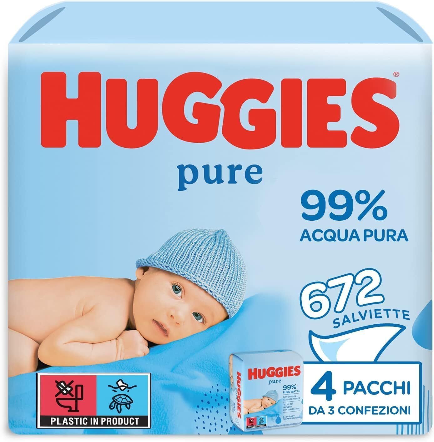 Huggies Pure, Salviette neonato, 99% acqua pura, 65% fibre assorbenti...