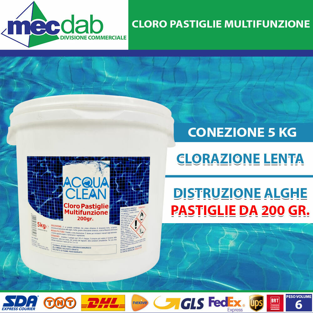 Cloro In Pastiglie Per Piscine Azione Multifunzione Alghicida e Clorazione 5 KG