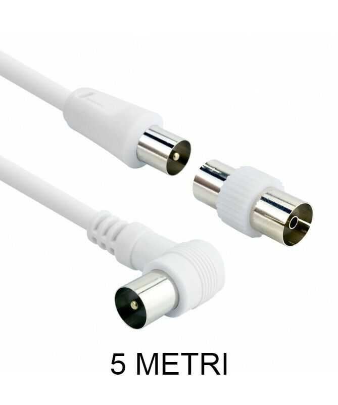 CAVO COASSIALE BIANCO 5MT PER ANTENNA TV SCHERMATO E ADATTATORE VULTECH CAAU605