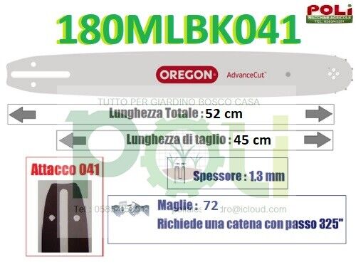 BARRA LAMA OREGON ADVANCECUT 180MLBK041 45cm PASSO 325'' SPESS 1.3mm 72 MAGLIE
