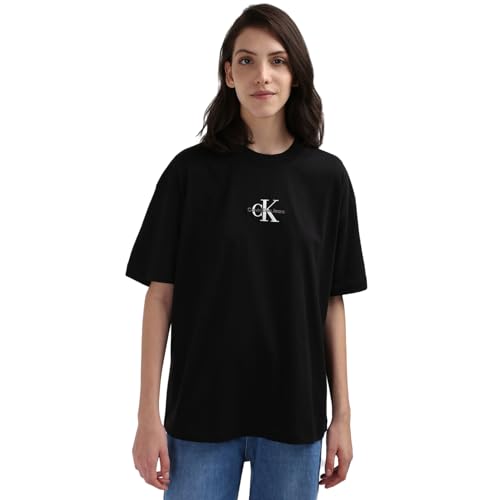 Calvin Klein Jeans Donna T-Shirt Maniche Corte Monologo Boyfriend Scollo Rotondo, Nero (Ck Black), M
