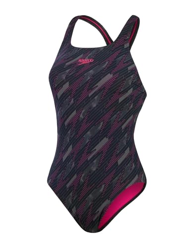 Speedo Hyperboom Allover Medalist Costume Da Bagno, Nero/Rosa, 34 Women'S