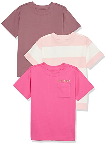 Amazon Essentials T-Shirt A Maniche Corte Stile Moderno Unisex Bambini E Ragazzi, Pacco Da 3, Bianco Righe Da Rugby/Rosa Stampa Testo/Rosato Opaco, 5