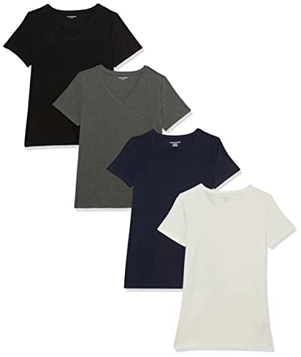 Amazon Essentials T-Shirt Girocollo A Maniche Corte Con Vestibilità Classica Donna, Pacco Da 4, Bianco/Blu Marino/Grigio Puntinato/Nero, S