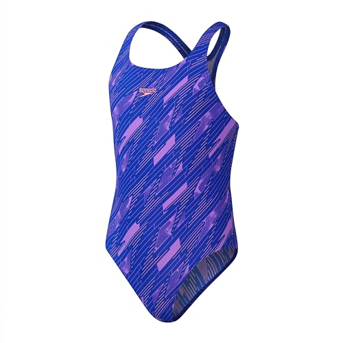 Speedo Hyperboom Allover Medalist Costume Da Bagno, Blu/Rosa, 5-6 Anni Girl'S