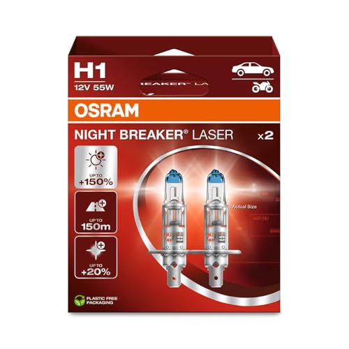 Osram Night Breaker Laser H1, +150% Di Luminosità In Più, Lampada Alogena Per Fari, 64150Nl-2Hb, 12V, Scatola Pieghevole Sospesa (2 Lampade)